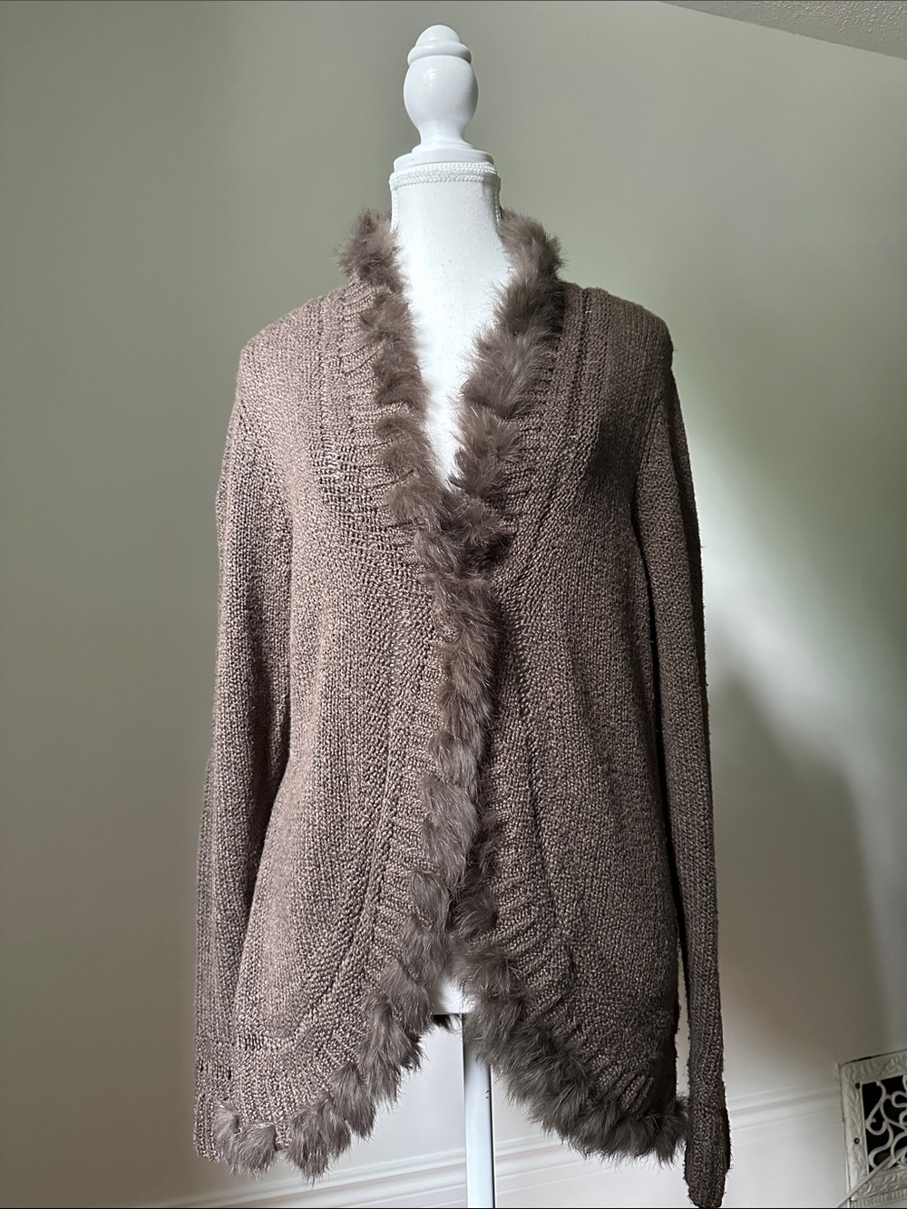 LAURA Brown Y2K Cottage Rabbit‎ Fur Trimmed Knit Single Button Cardigan Large